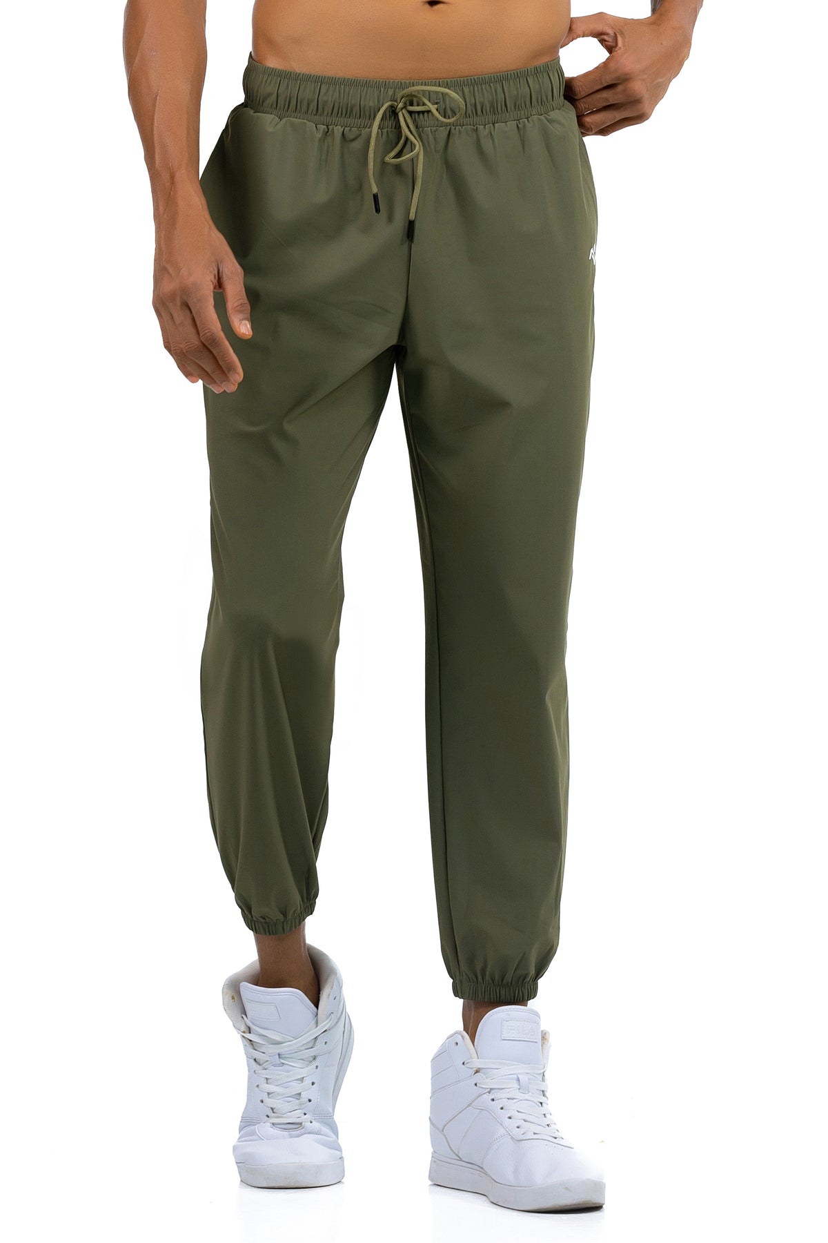 Men's Loose Fit Joggers in Olive, three-quarter view on model, Ascendia