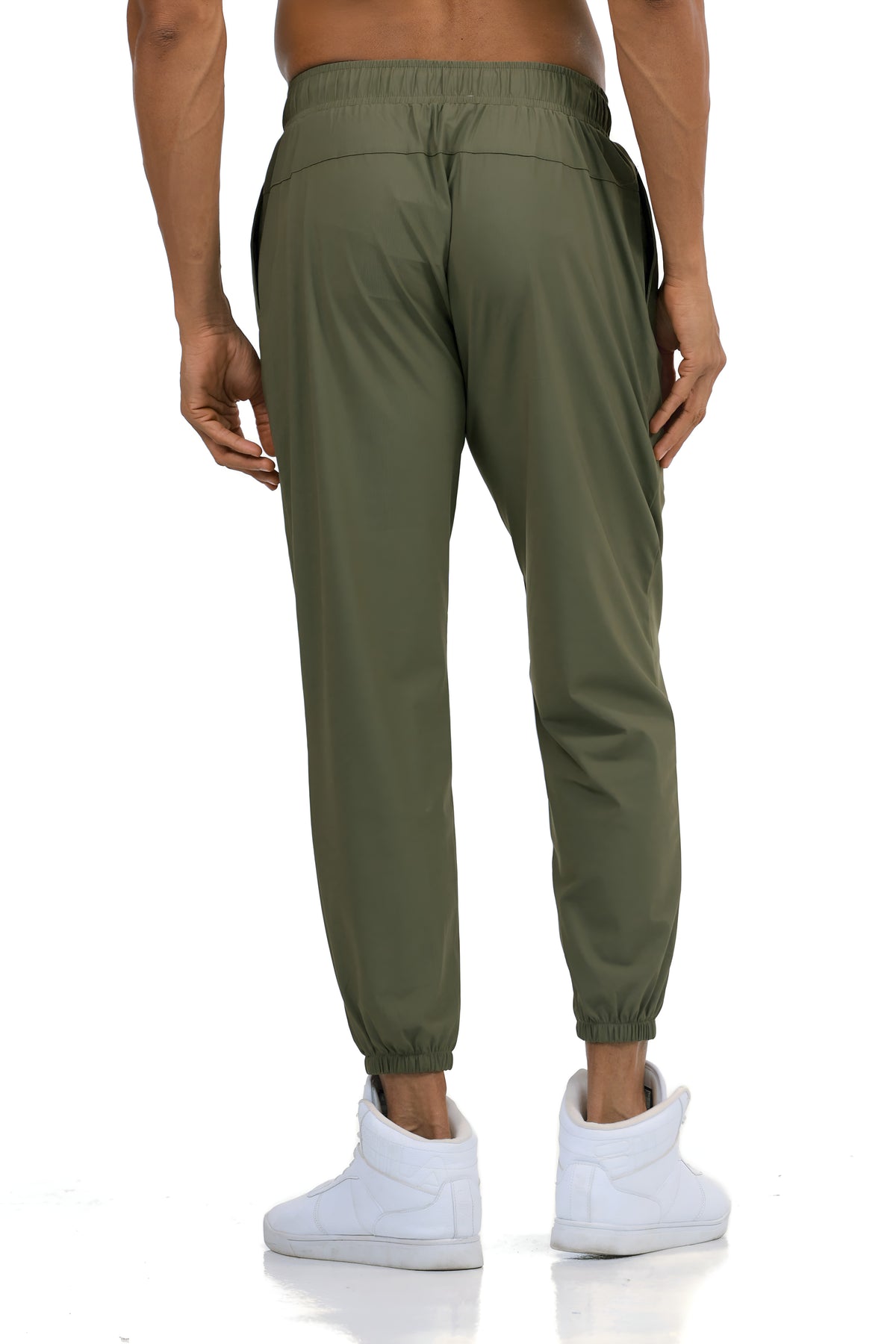 Men's Loose Gym Joggers in Olive, back view on model, Ascendia