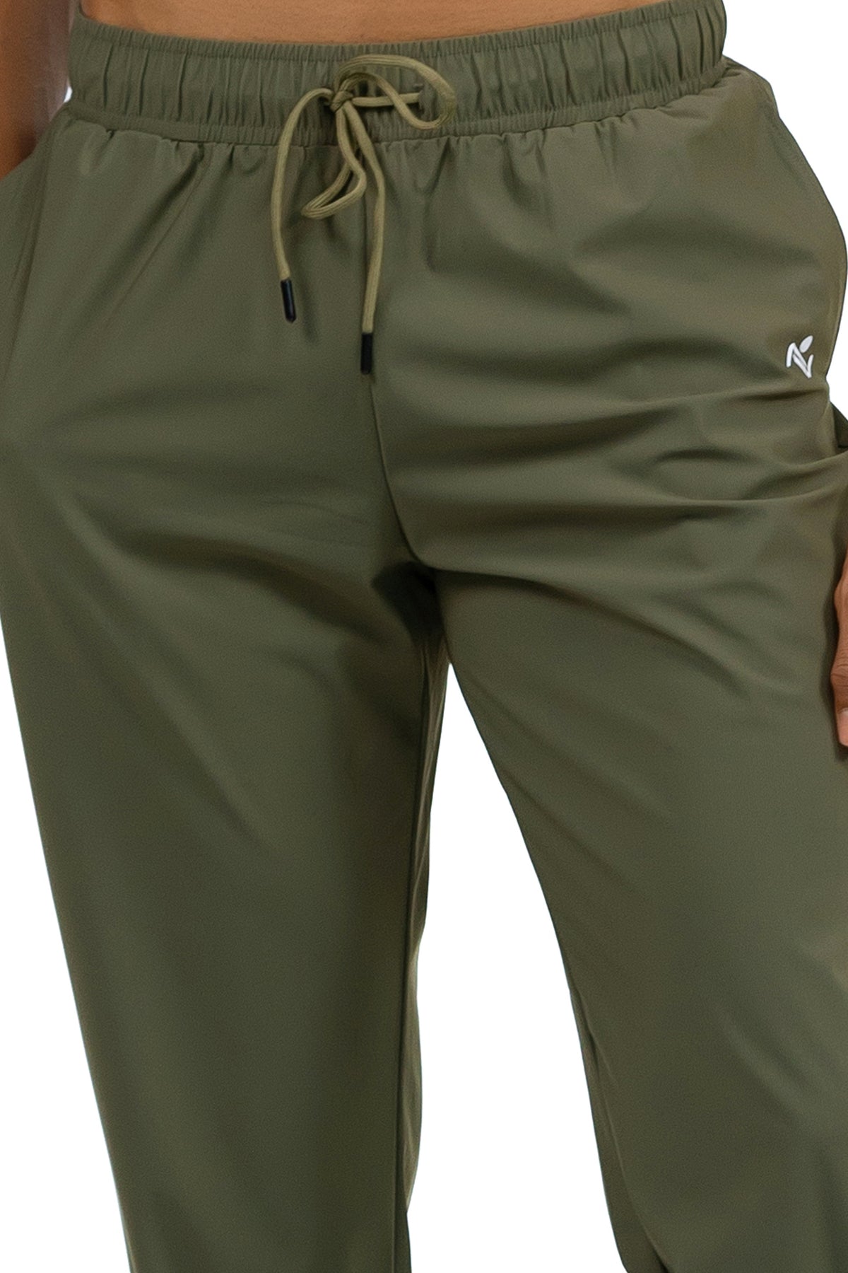 Men's Loose Fit Joggers in Olive, close view of the drawcord waistband, side pocket and hip logo, Ascendia
