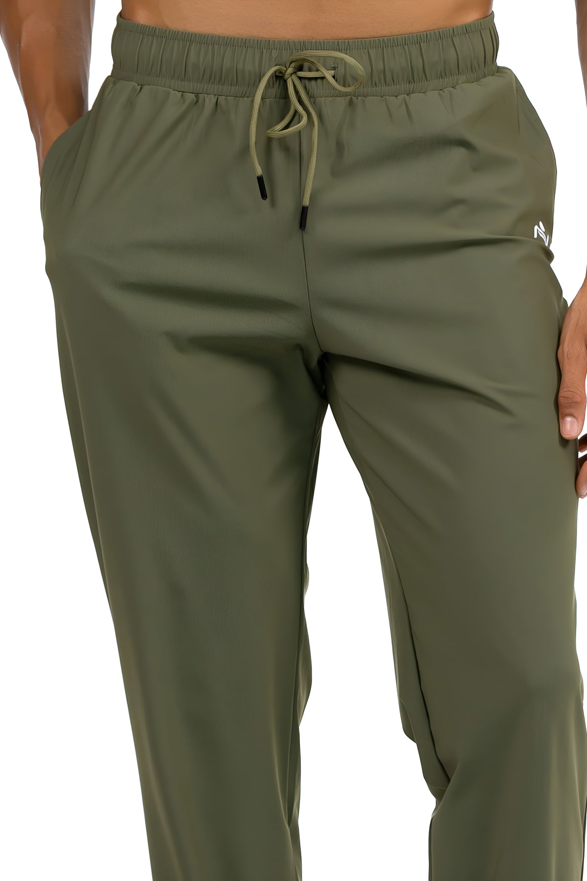 Men's Loose Gym Joggers in Olive, close view of the drawcord waistband, side pocket and hip logo, Ascendia