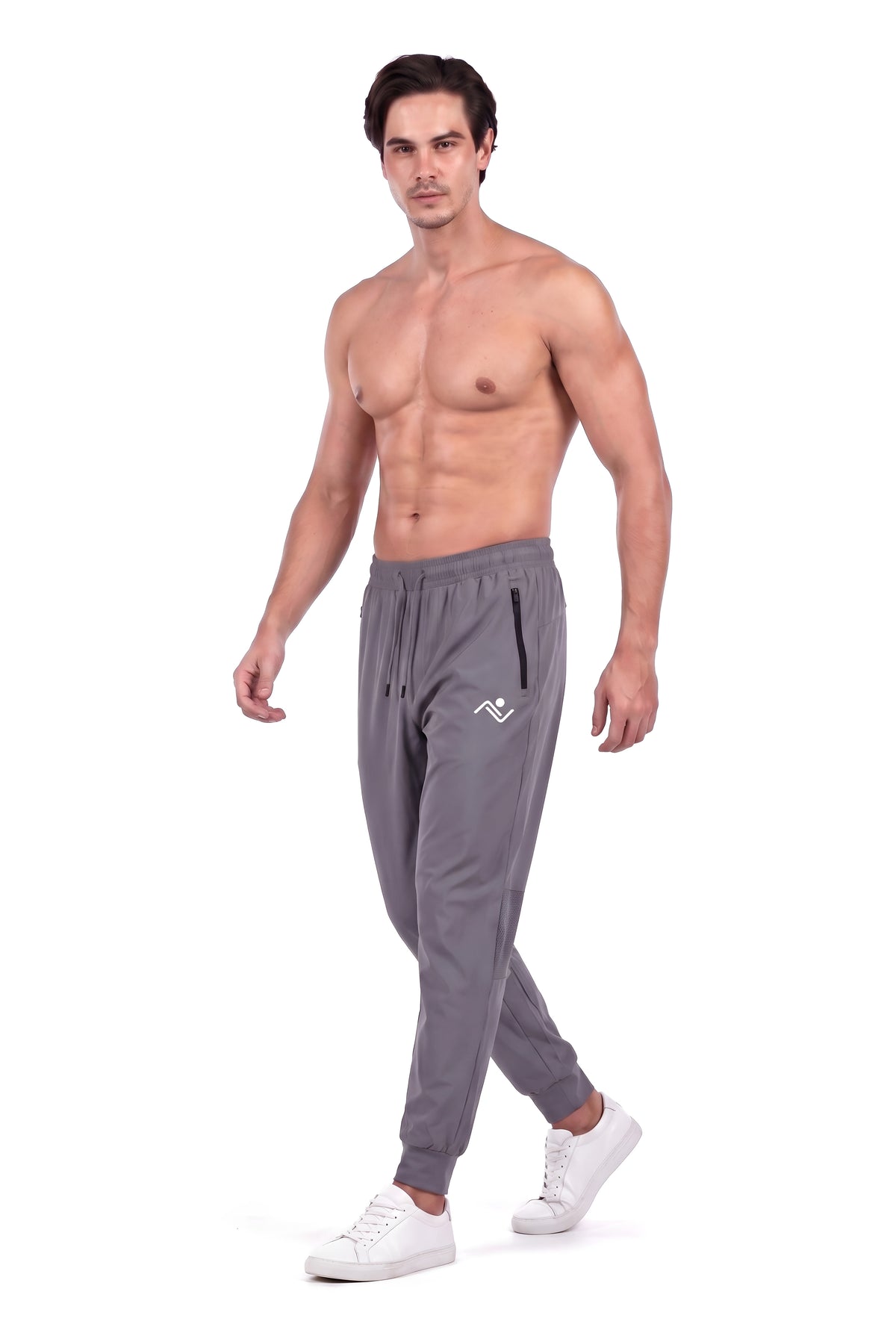 Men's Mesh Knee Running Track Pants in Dark Grey, three-quarter front view, walking, on male model, Ascendia