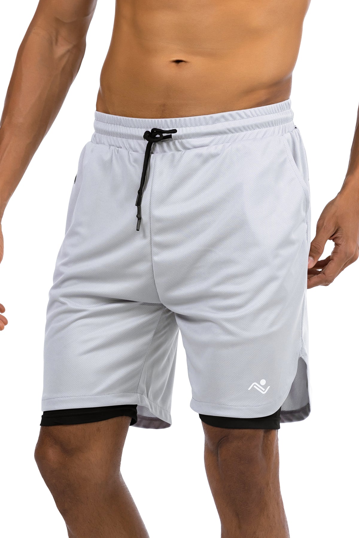Men's 2-in-1 Training Shorts with Phone Pocket in Light Grey, front view showing the black inner liner, Ascendia