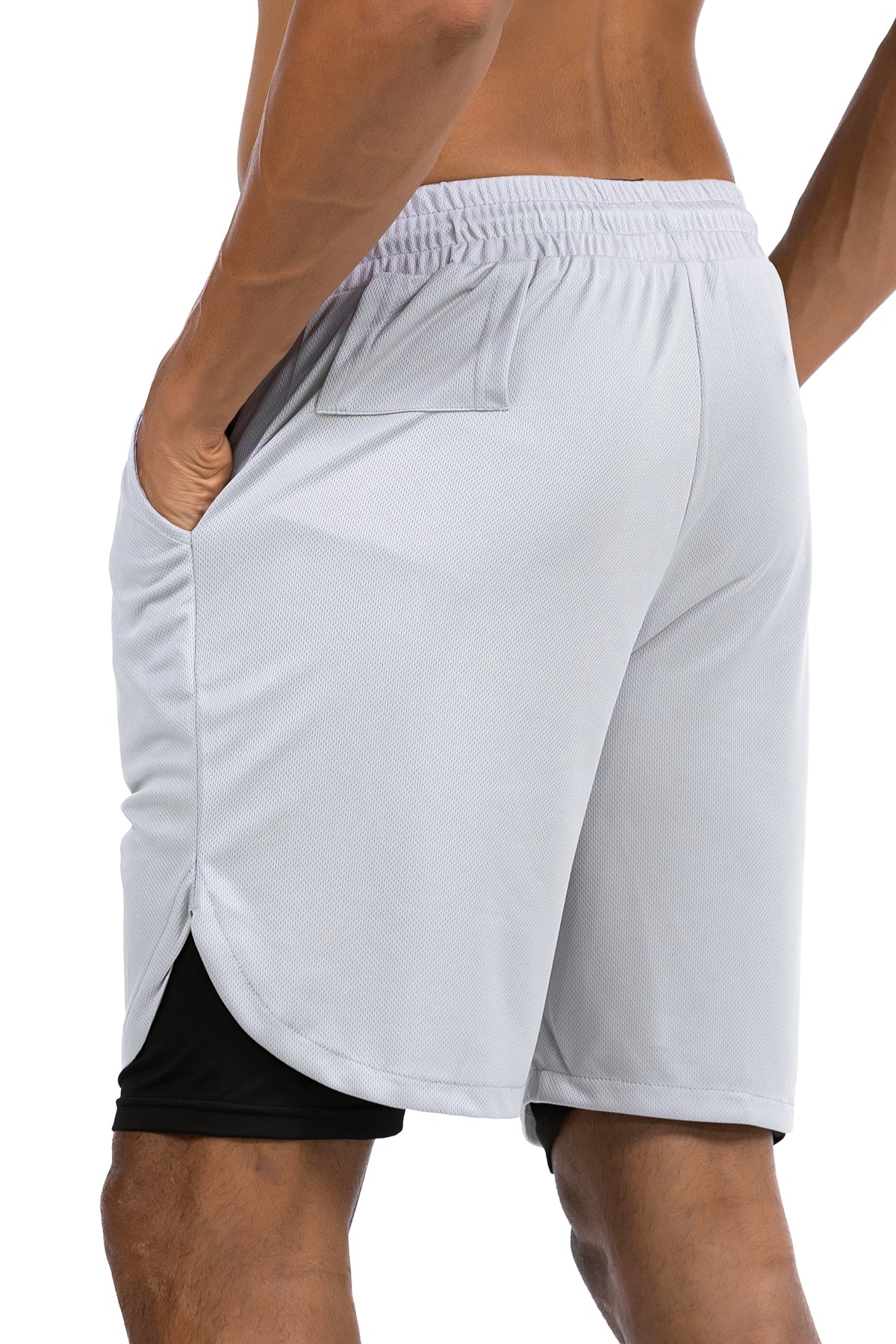 Men's 2-in-1 Training Shorts with Phone Pocket in Light Grey, three-quarter back view showing the split hem, Ascendia