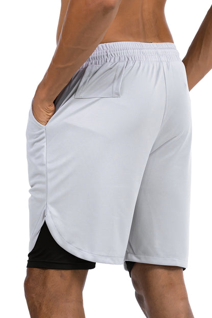 Men's 2-in-1 Training Shorts with Phone Pocket in Light Grey, three-quarter back view showing the split hem, Ascendia