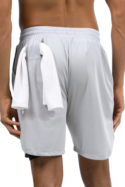 Men's 2-in-1 Training Shorts with Phone Pocket in Light Grey, back view with a gym towel on the back loop, Ascendia