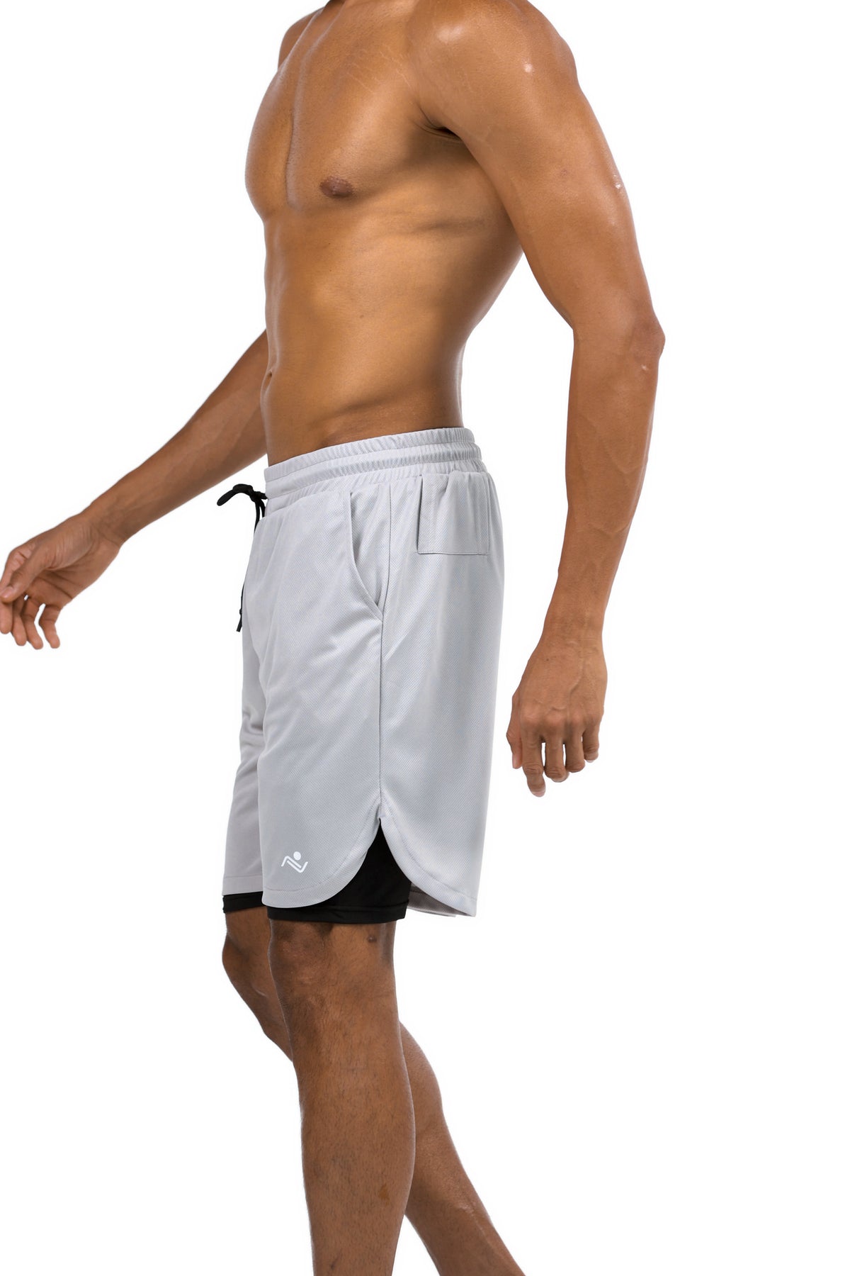 Men's 2-in-1 Training Shorts with Phone Pocket in Light Grey, side view on model, Ascendia