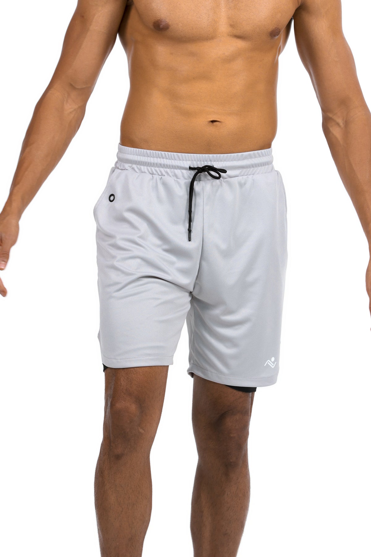 Men's 2-in-1 Training Shorts with Phone Pocket in Light Grey, earphone port close-up on model, Ascendia