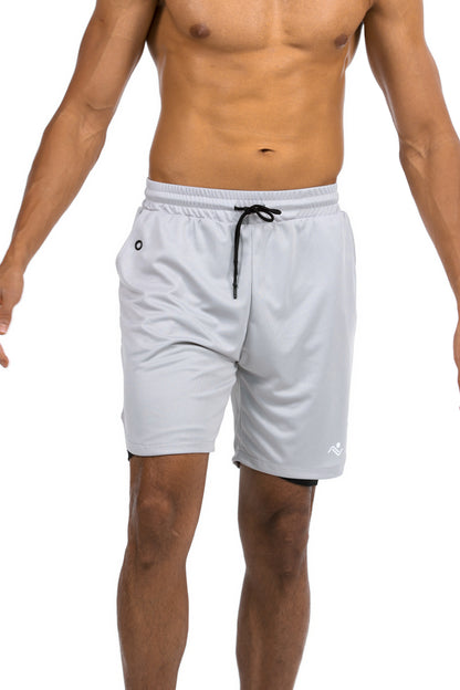 Men's 2-in-1 Training Shorts with Phone Pocket in Light Grey, earphone port close-up on model, Ascendia