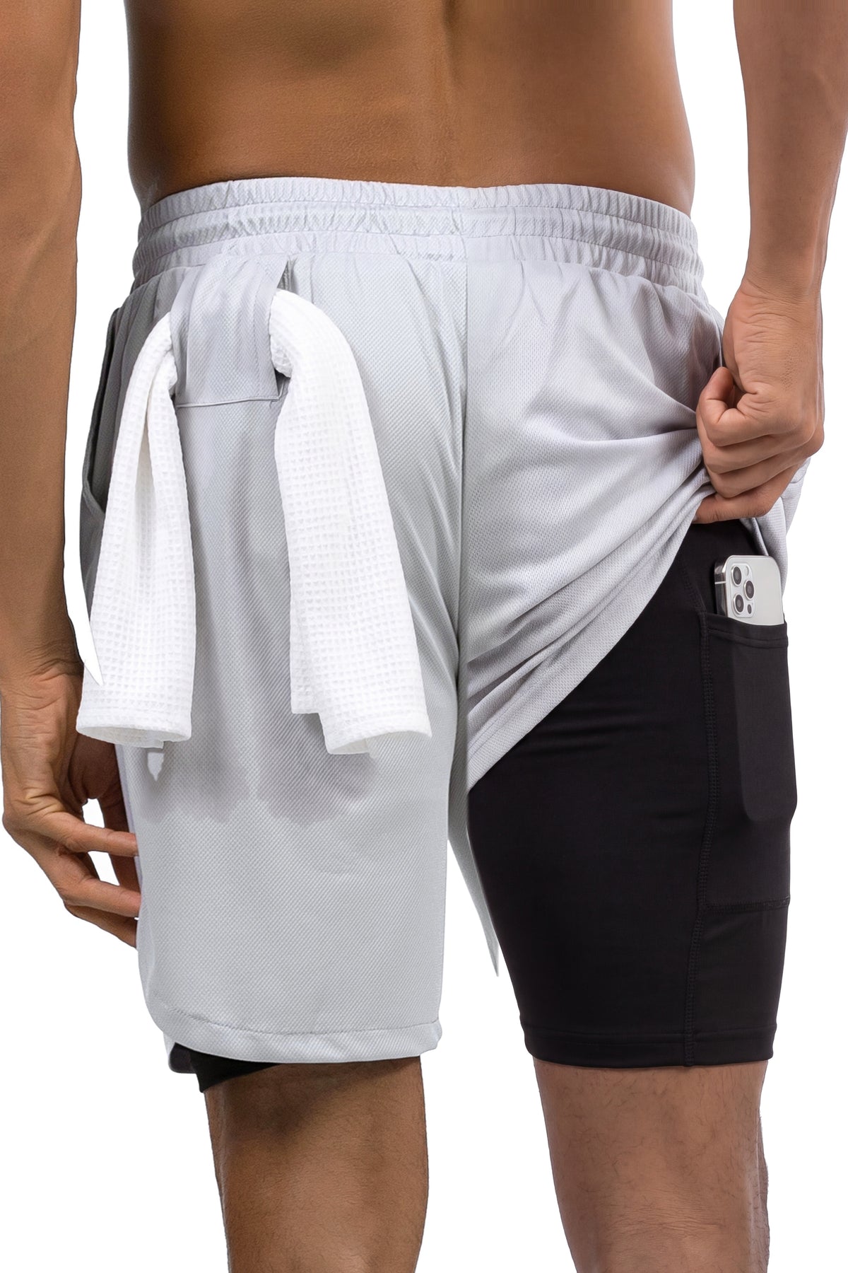 Men's 2-in-1 Training Shorts with Phone Pocket in Light Grey, back view on model, phone in the liner pocket and towel on the back loop, Ascendia