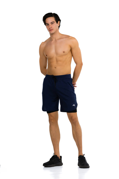 Men's 2-in-1 Training Shorts with Phone Pocket in Midnight Navy, full-length front view on model, Ascendia