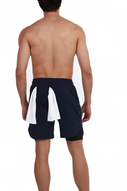 Men's 2-in-1 Training Shorts with Phone Pocket in Midnight Navy, back view with a gym towel on the back loop, Ascendia