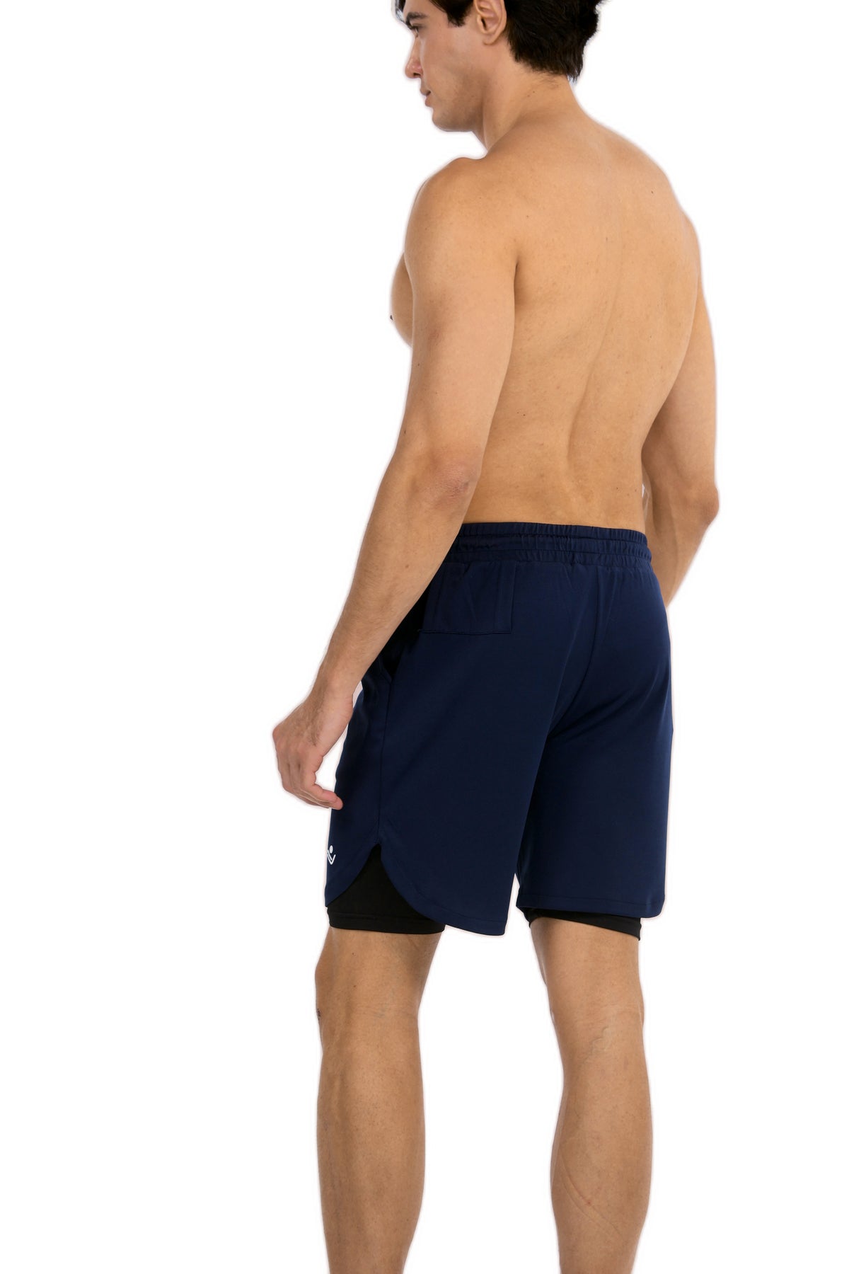 Men's 2-in-1 Training Shorts with Phone Pocket in Midnight Navy, three-quarter back view on model, Ascendia