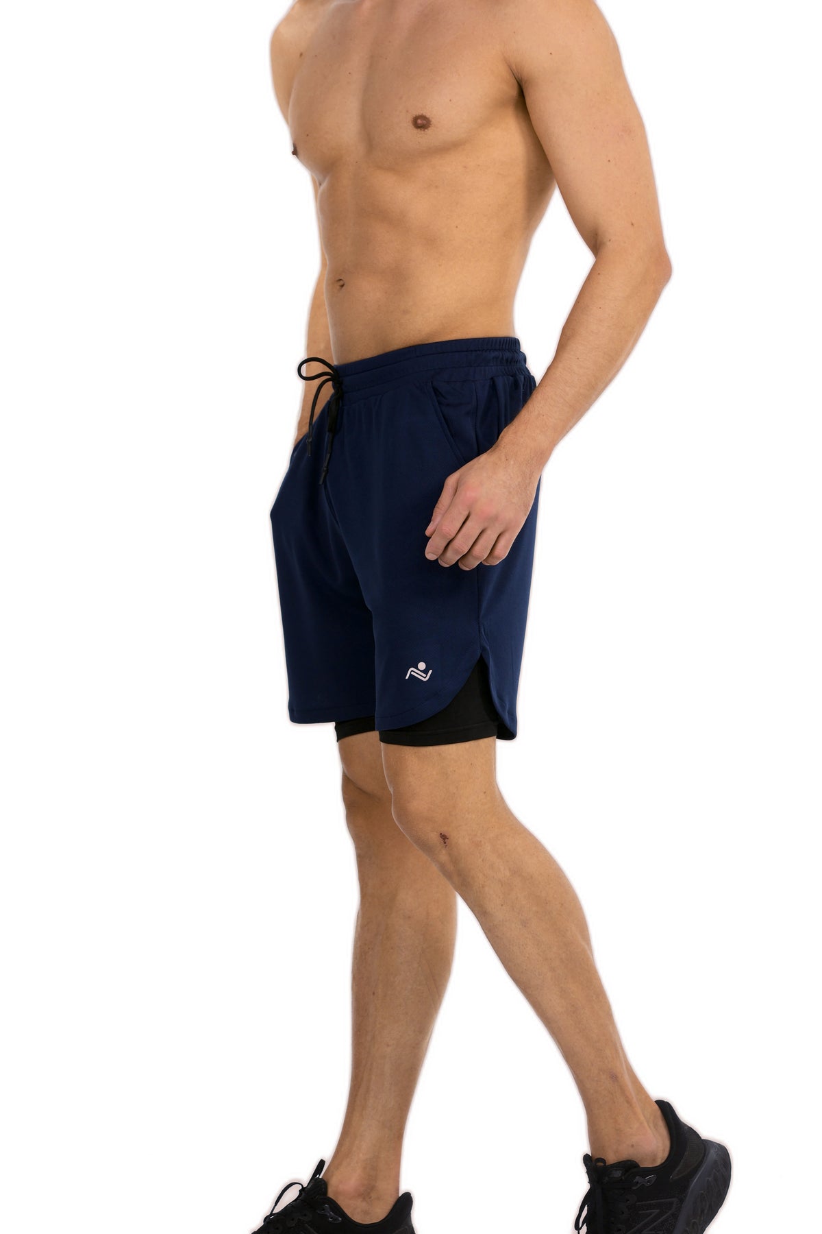 Men's 2-in-1 Training Shorts with Phone Pocket in Midnight Navy, walking side view on model, Ascendia