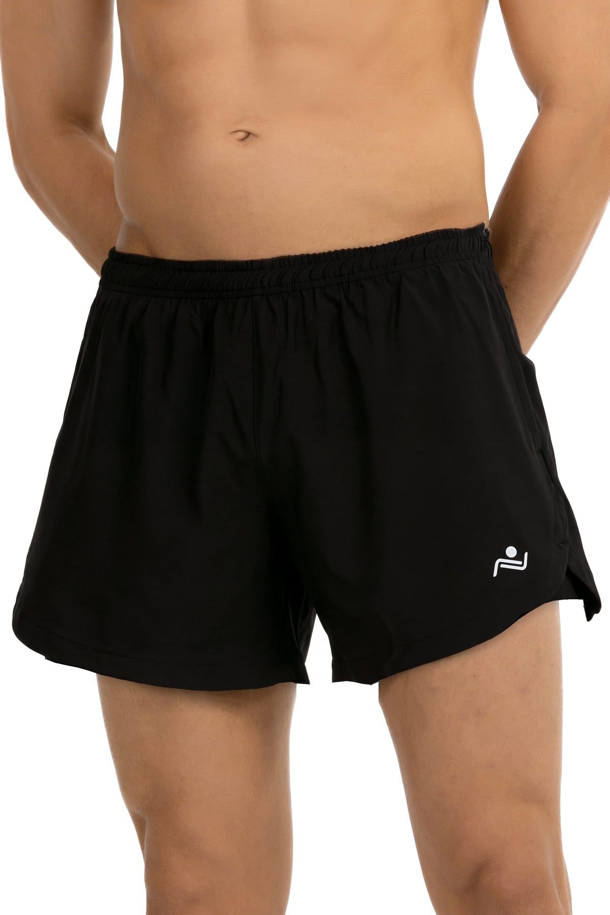 Men's Reflective 2-in-1 Running Shorts in Black, three-quarter view on model, Ascendia