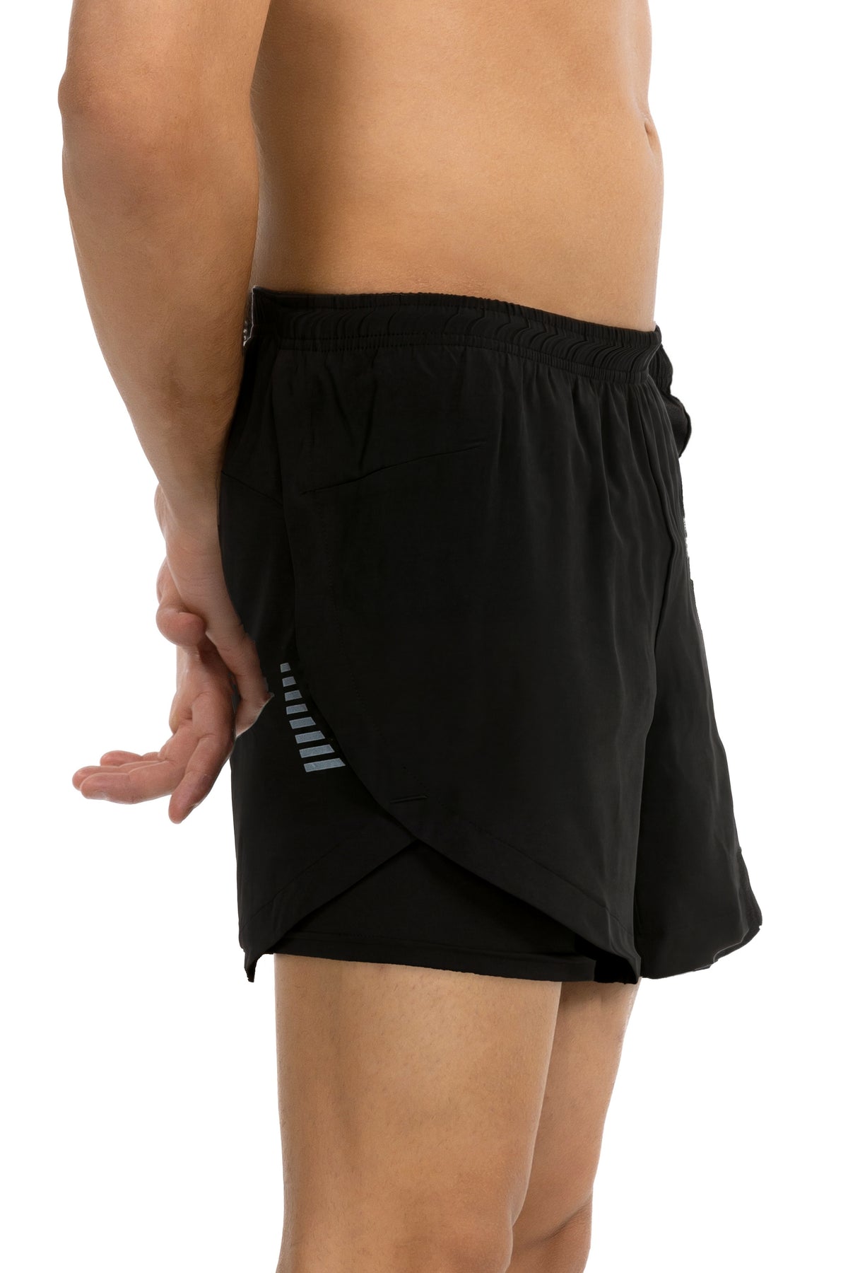 Men's Reflective 2-in-1 Running Shorts in Black, side view on model, Ascendia