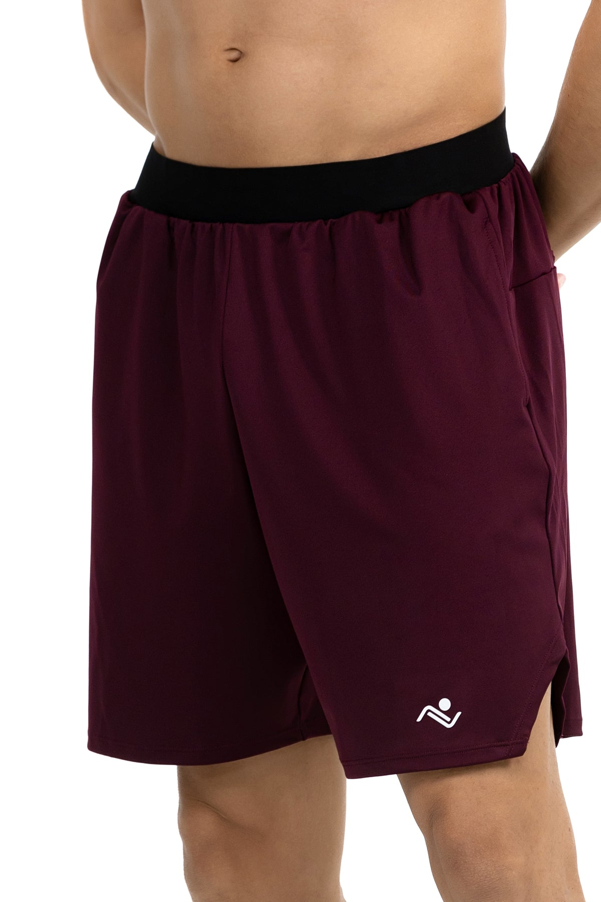 Men's Towel Loop Gym Shorts in Dark Maroon, three-quarter view on model, Ascendia