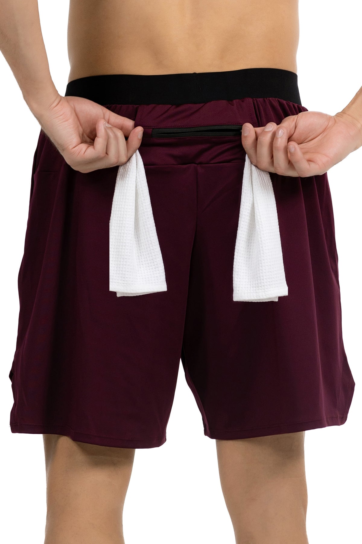 Men's Towel Loop Gym Shorts in Dark Maroon, back view with a gym towel threaded behind the zip panel, Ascendia