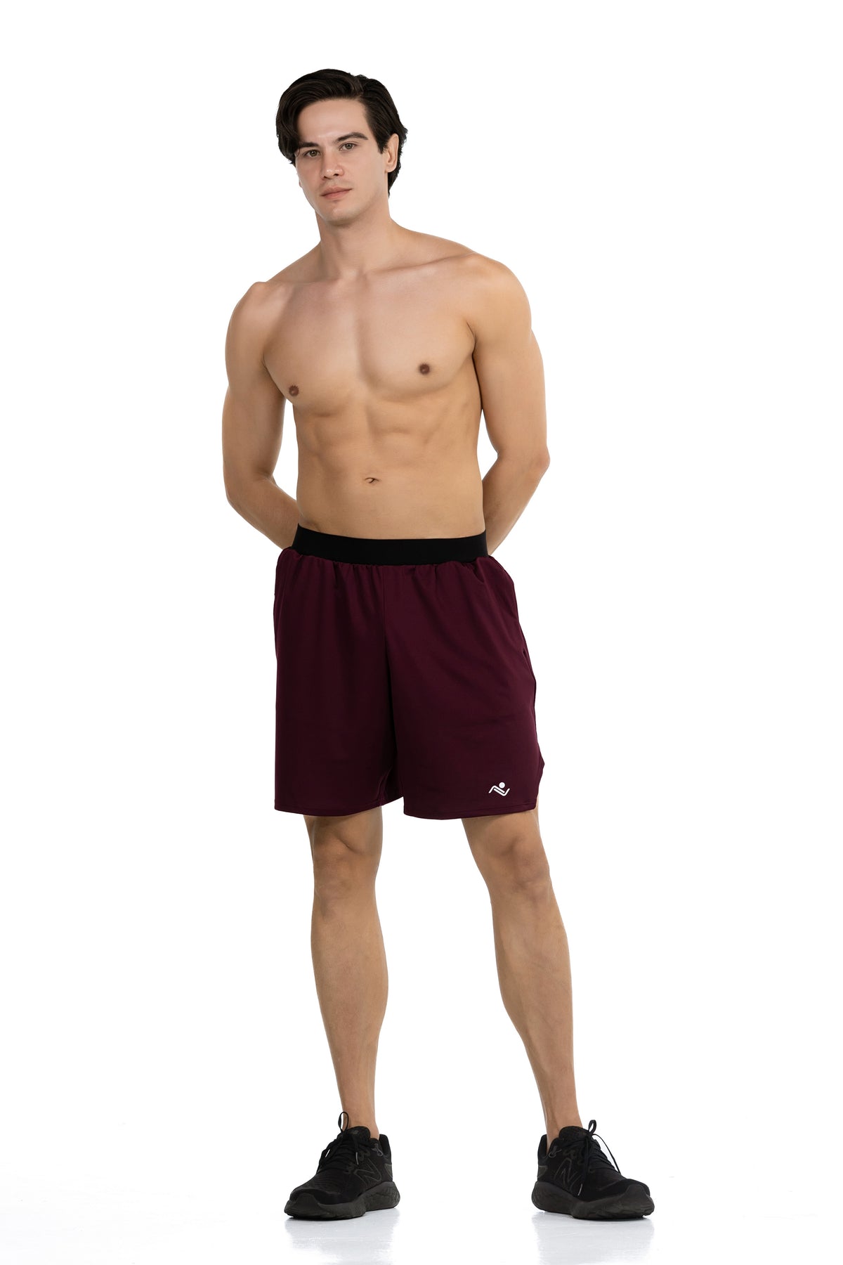Men's Towel Loop Gym Shorts in Dark Maroon, full-length front view on model, Ascendia