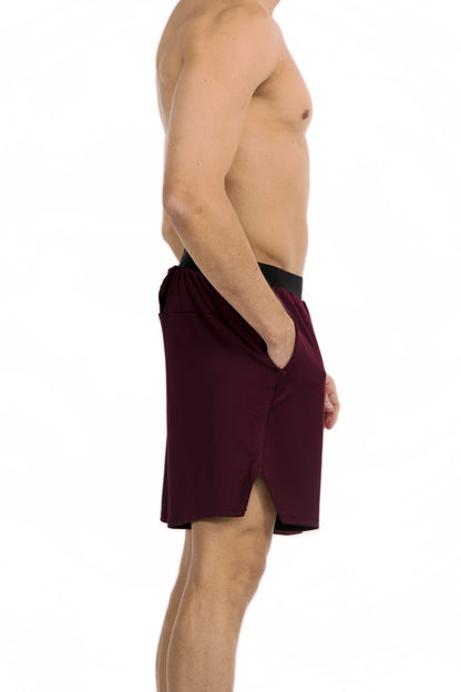 Men's Towel Loop Gym Shorts in Dark Maroon, side view on model, Ascendia