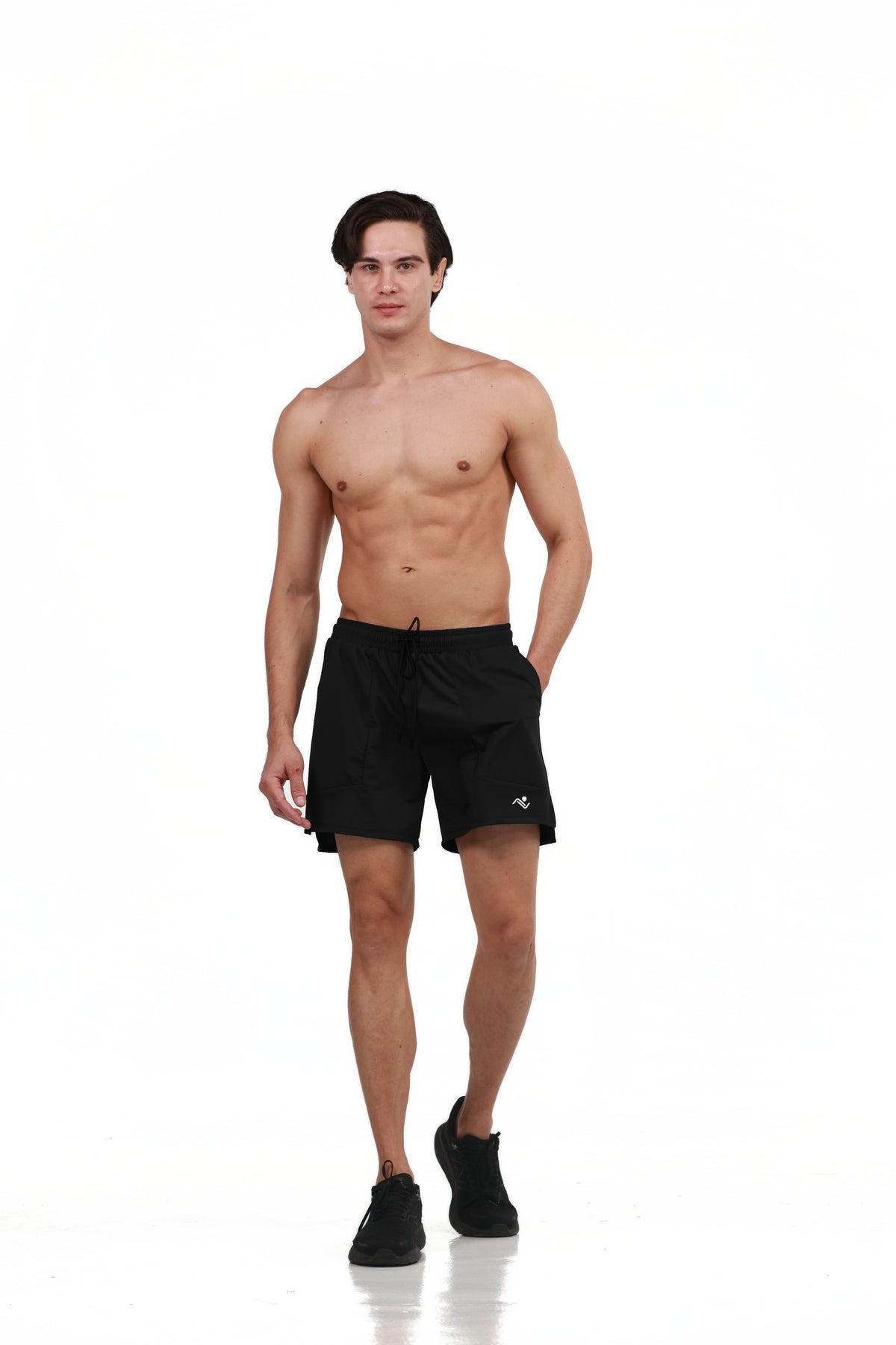 Side Pocket Loose Fit Shorts in Black, front view on model, Ascendia