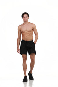 Side Pocket Loose Fit Shorts in Black, front view on model, Ascendia