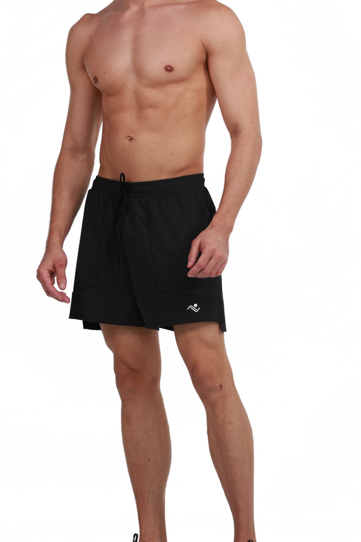 Side Pocket Loose Fit Shorts in Black, three-quarter view on model, Ascendia