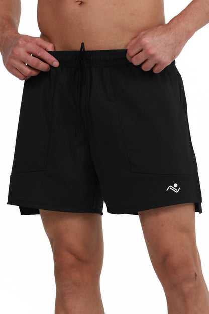 Side Pocket Loose Fit Shorts in Black, waistband and drawcord detail, Ascendia
