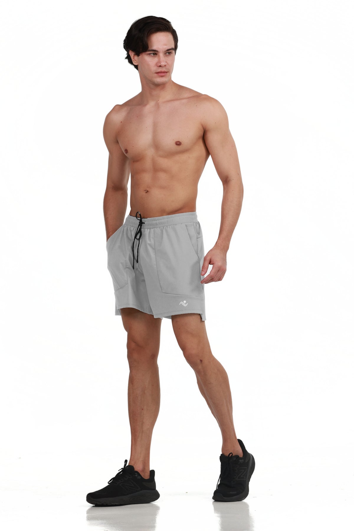 Side Pocket Loose Fit Shorts in Grey, front view on model, Ascendia