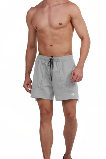 Side Pocket Loose Fit Shorts in Grey, three-quarter view on model, Ascendia