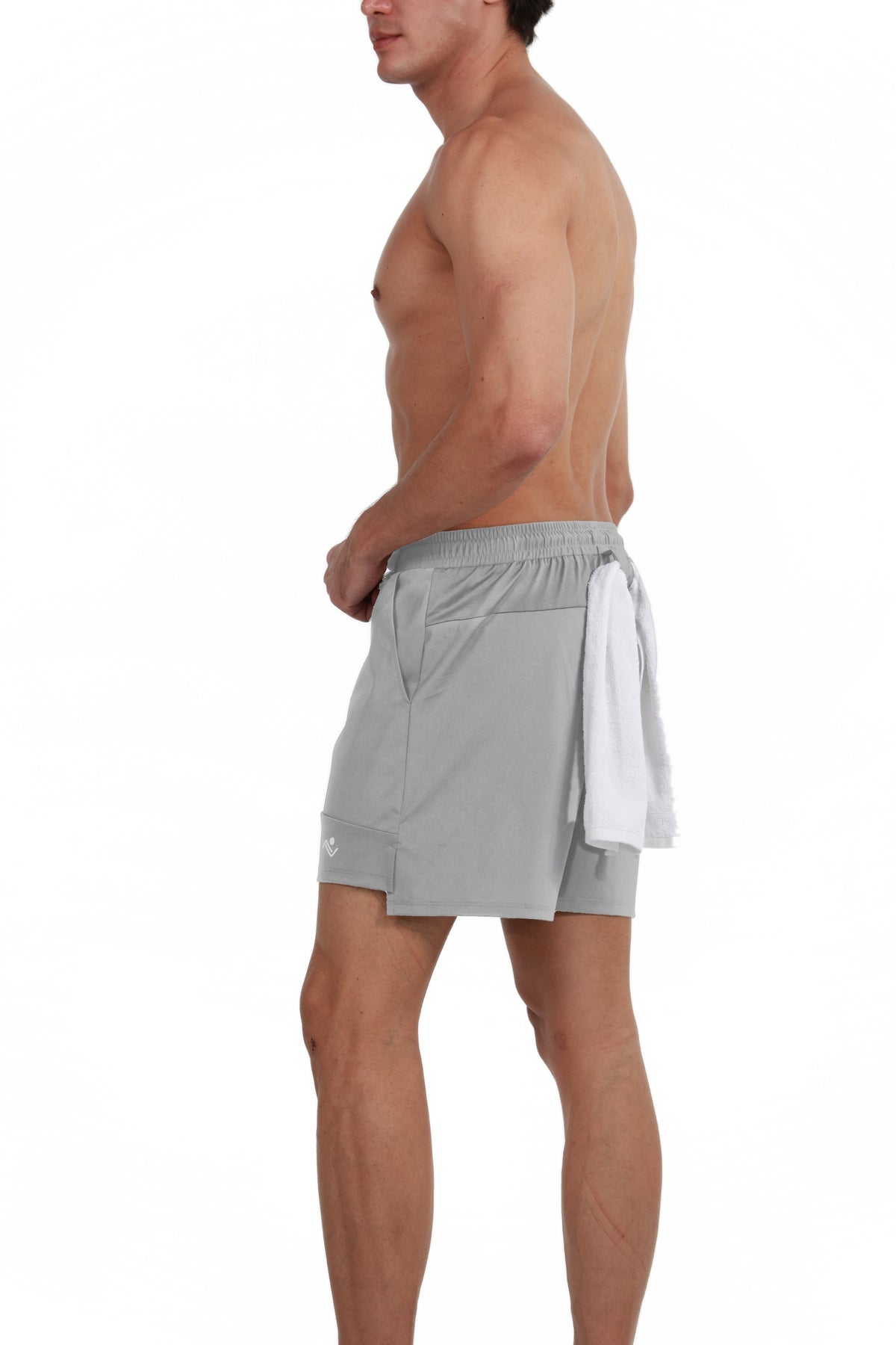Side Pocket Loose Fit Shorts in Grey, back view with a gym towel on the back loop, Ascendia