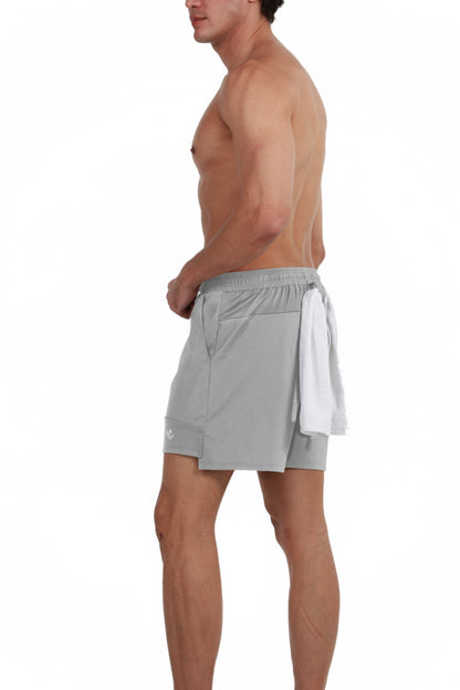 Side Pocket Loose Fit Shorts in Grey, back view with a gym towel on the back loop, Ascendia
