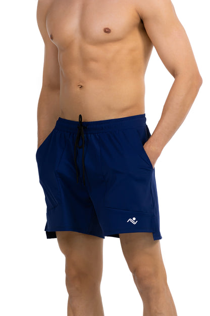 Side Pocket Loose Fit Shorts in Midnight Navy, three-quarter view with hand in the side pocket, Ascendia