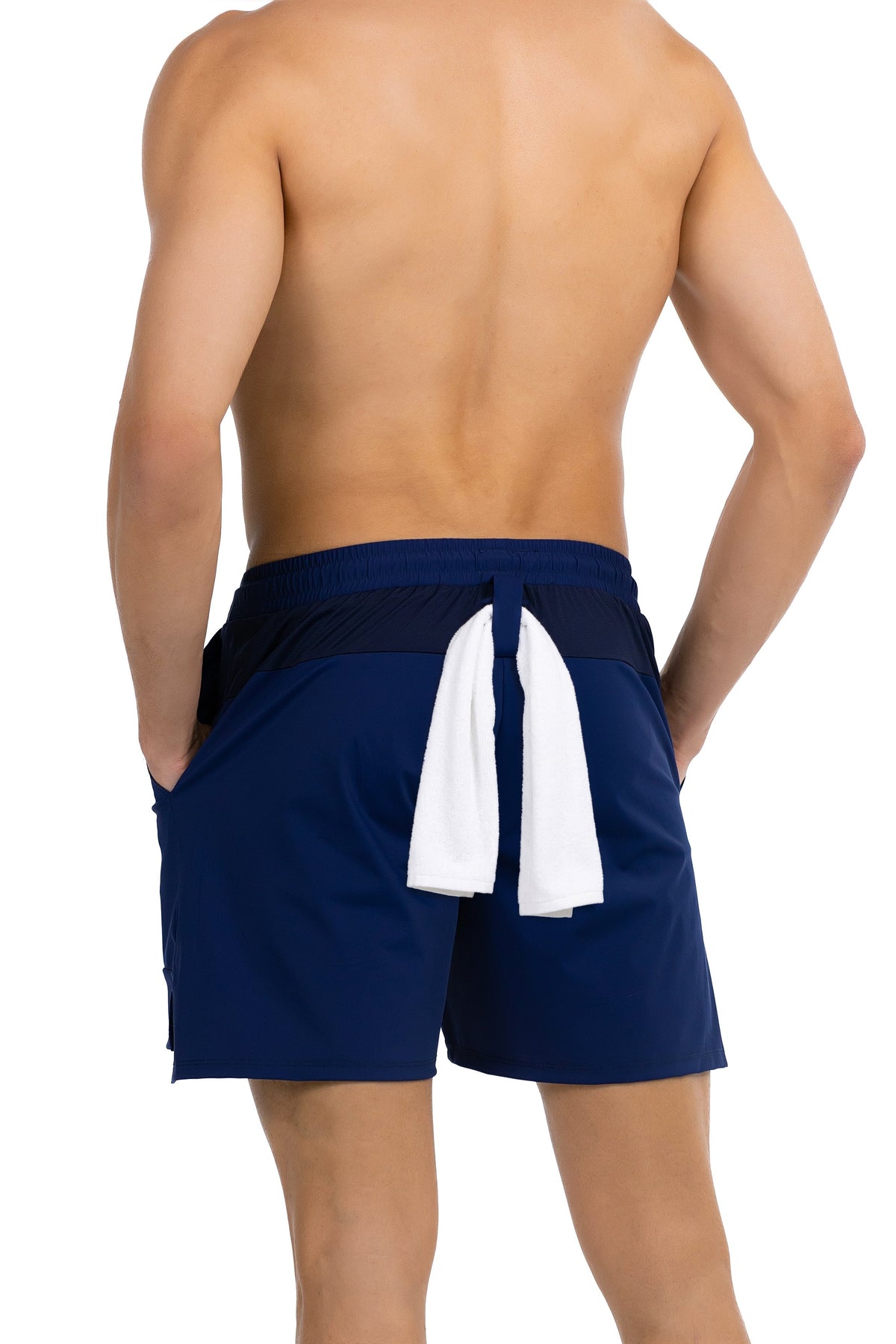 Side Pocket Loose Fit Shorts in Midnight Navy, back view with a gym towel on the back loop, Ascendia