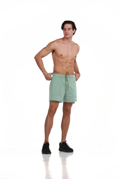 Side Pocket Loose Fit Shorts in Sage, front view on model, Ascendia