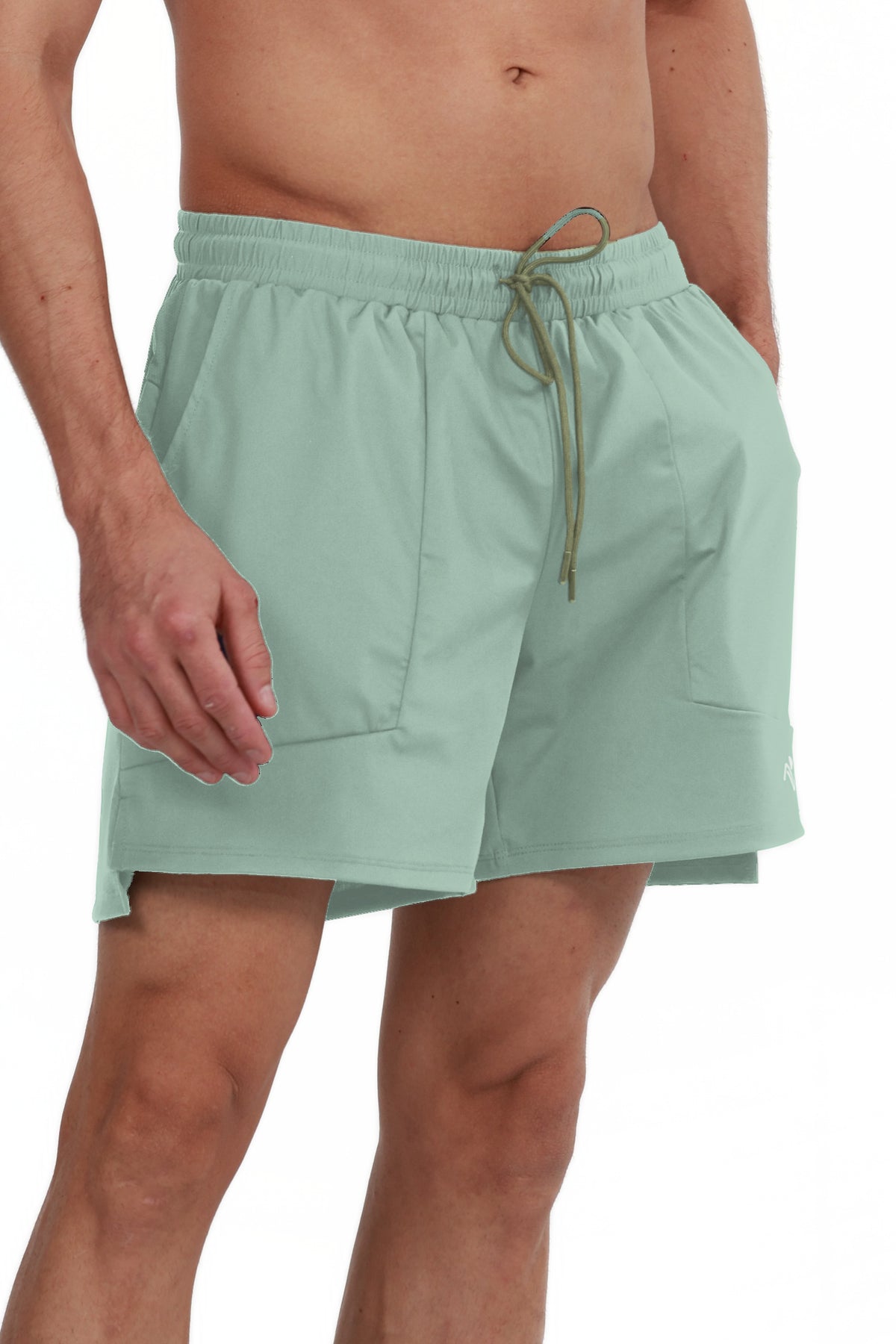Side Pocket Loose Fit Shorts in Sage, side pocket detail, Ascendia