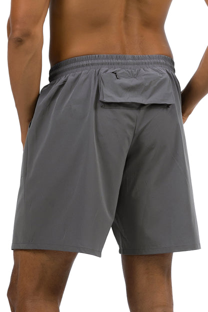 Men's Zip Pocket Running Shorts in Charcoal, back view with the zip pocket on model, Ascendia