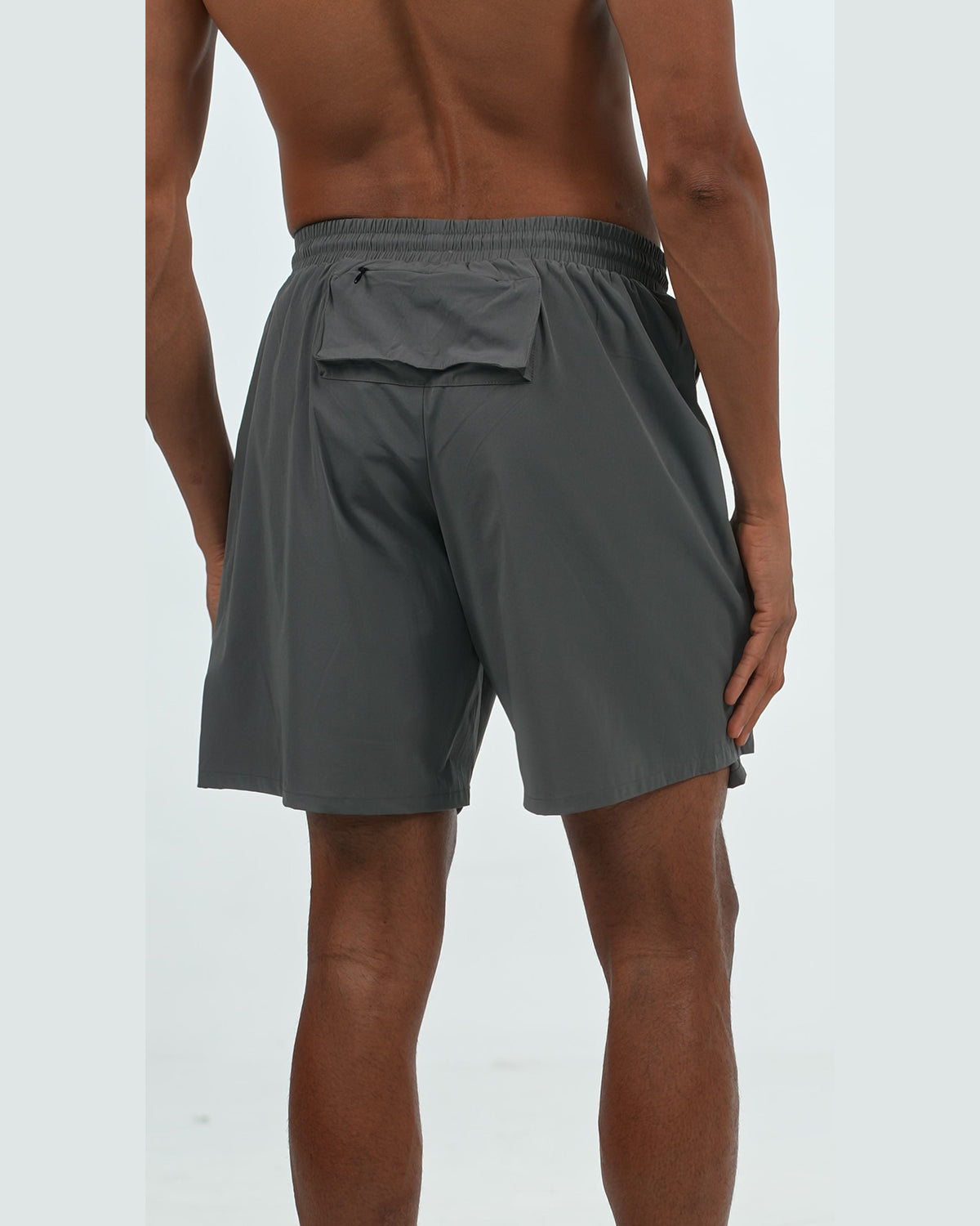 Zip Pocket Training Shorts in Charcoal, back on model, Ascendia