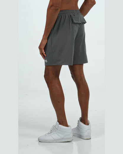 Zip Pocket Training Shorts in Charcoal, side on model, Ascendia