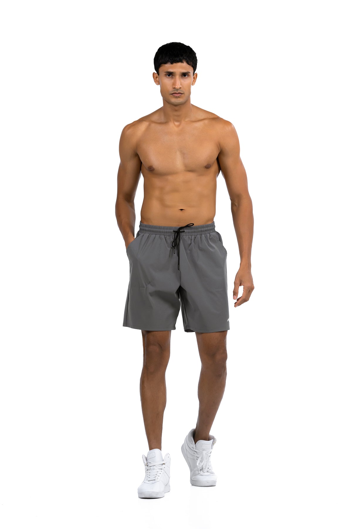 Men's Zip Pocket Running Shorts in Charcoal, full-length front view on model, Ascendia