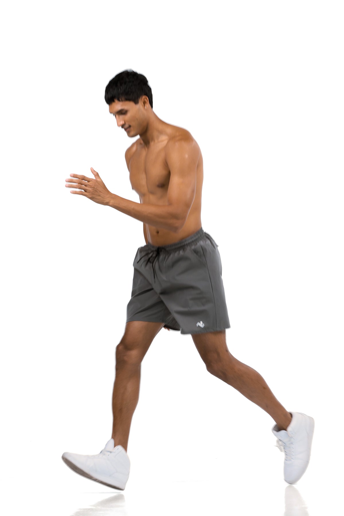 Men's Zip Pocket Running Shorts in Charcoal, running stride on model, Ascendia