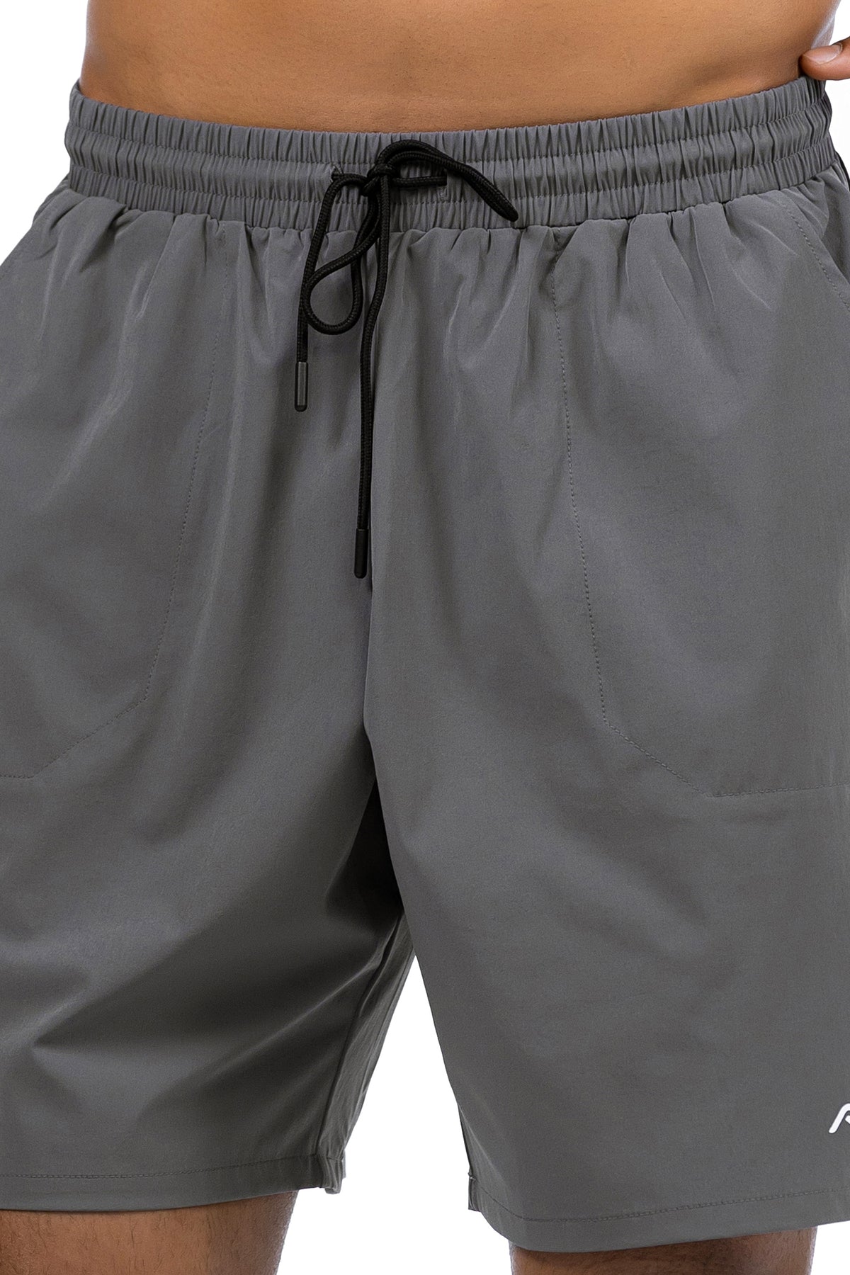 Men's Zip Pocket Running Shorts in Charcoal, waistband and drawcord close-up on model, Ascendia