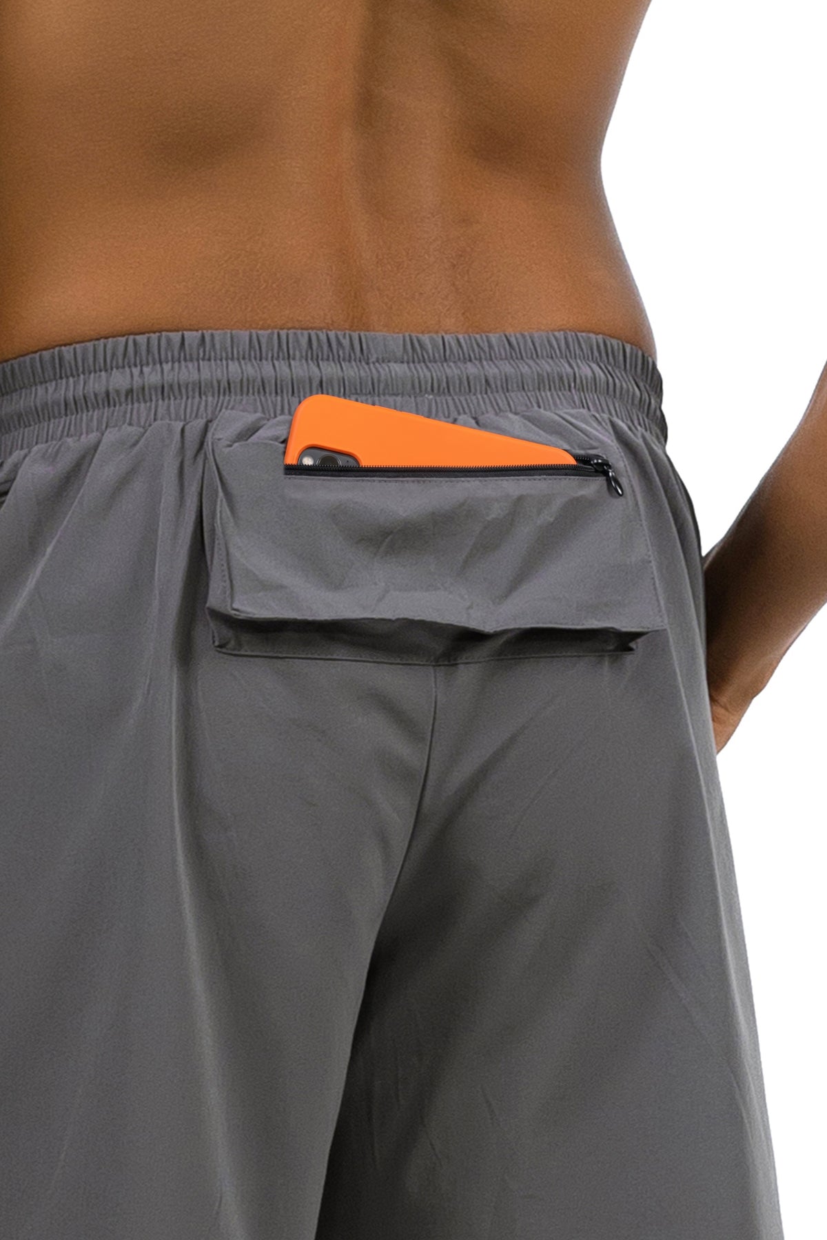 Men's Zip Pocket Running Shorts in Charcoal, phone in the back zip pocket, Ascendia
