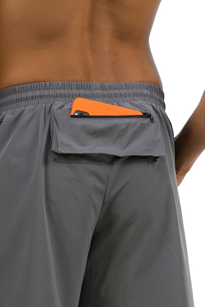Men's Zip Pocket Running Shorts in Charcoal, phone in the back zip pocket, Ascendia