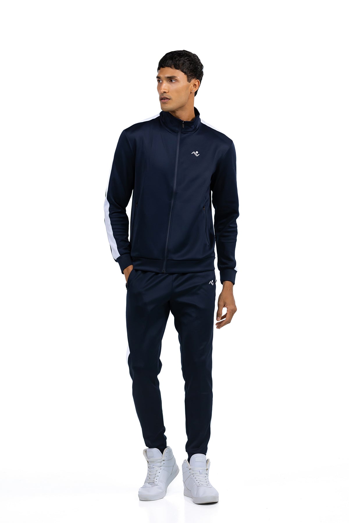 Men's Side Stripe Tracksuit in Midnight Navy, front view on model, Ascendia