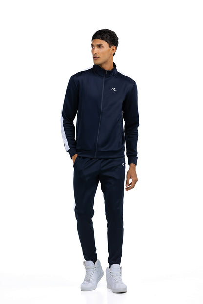 Men's Side Stripe Tracksuit in Midnight Navy, front view on model, Ascendia