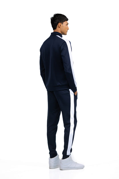 Men's Side Stripe Tracksuit in Midnight Navy, three-quarter back view on model, Ascendia