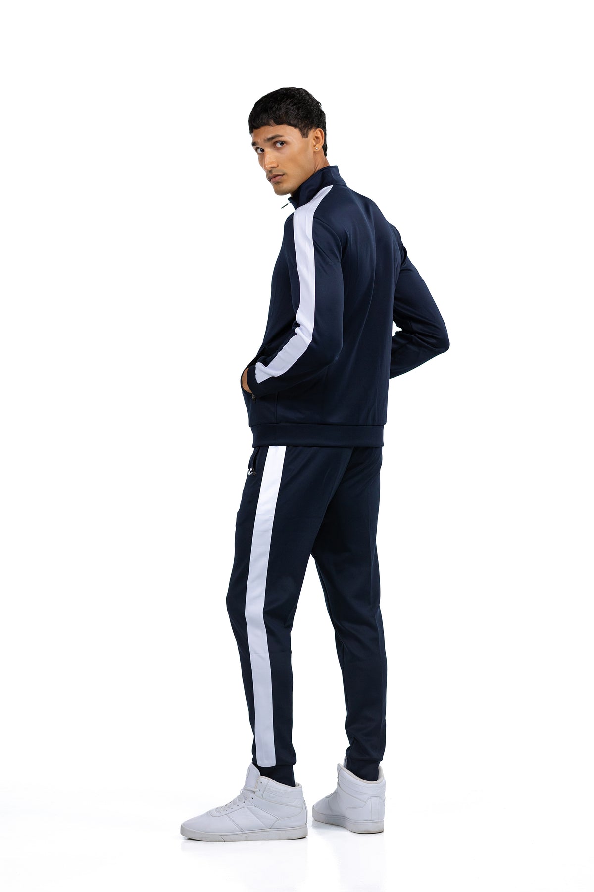 Men's Side Stripe Tracksuit in Midnight Navy, side view on model, Ascendia