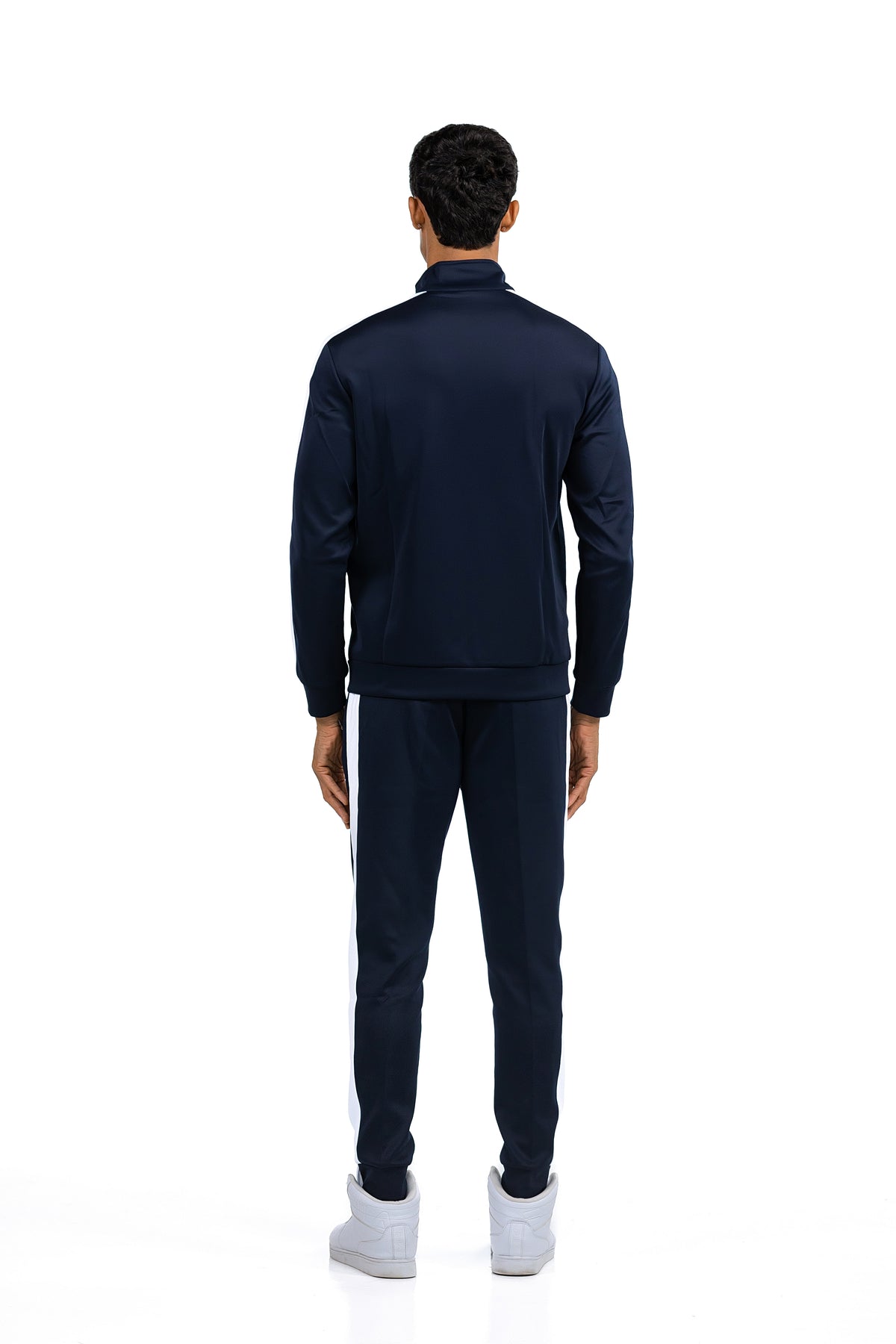 Men's Side Stripe Tracksuit in Midnight Navy, back view on model, Ascendia