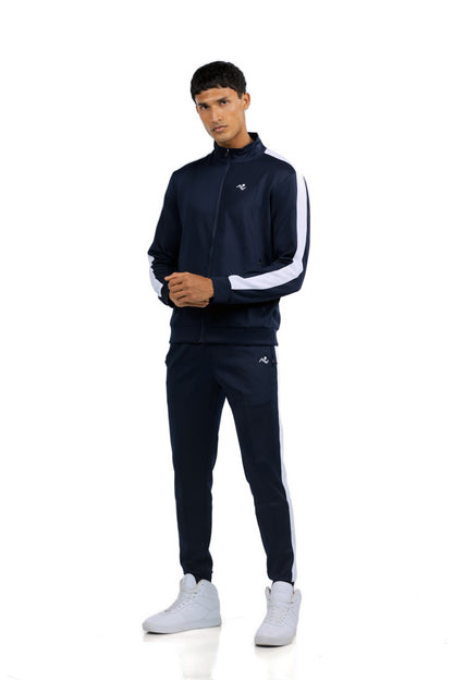 Men's Side Stripe Tracksuit in Midnight Navy, three-quarter front view on model, Ascendia