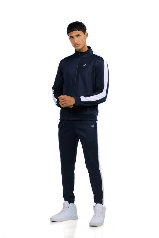 Men's Side Stripe Tracksuit in Midnight Navy, three-quarter front view on model, Ascendia